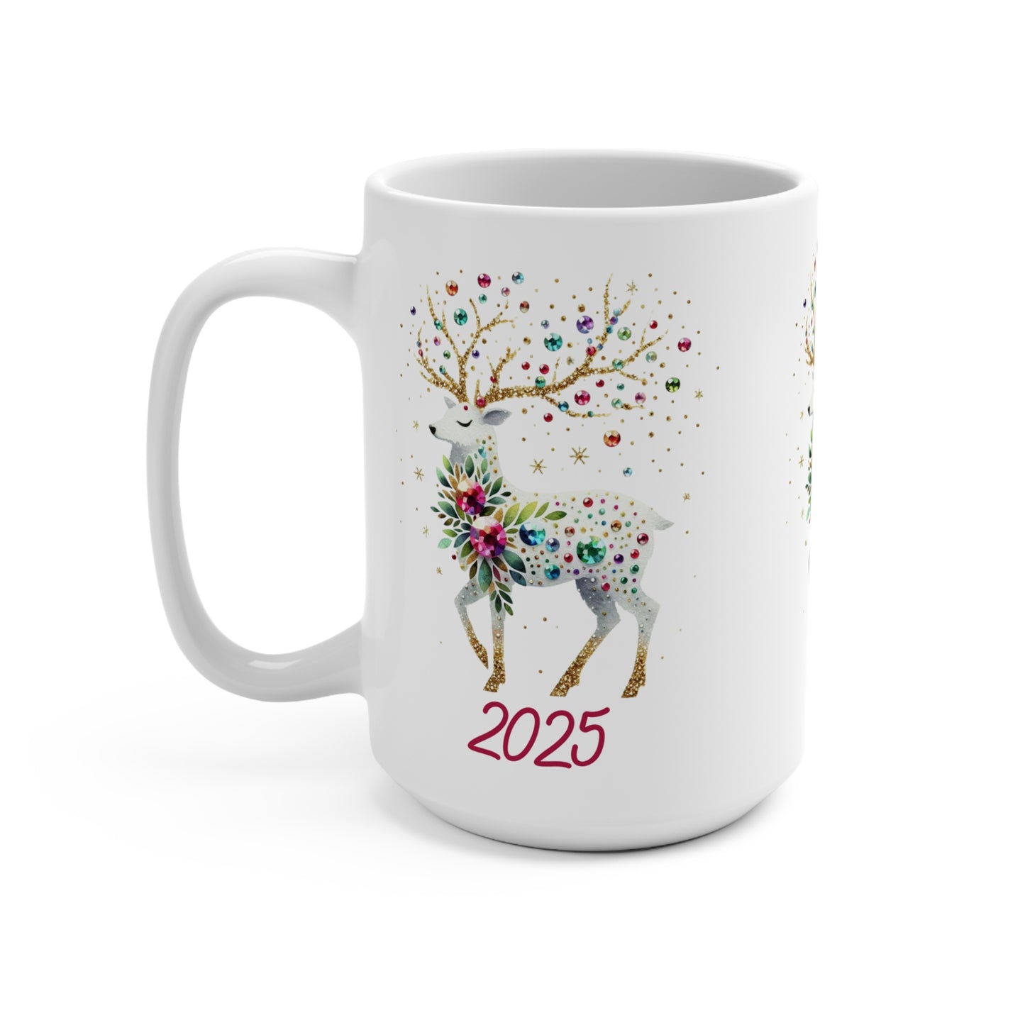 2025 Floral Reindeer 15oz Mug — Holiday Christmas New Year Keepsake