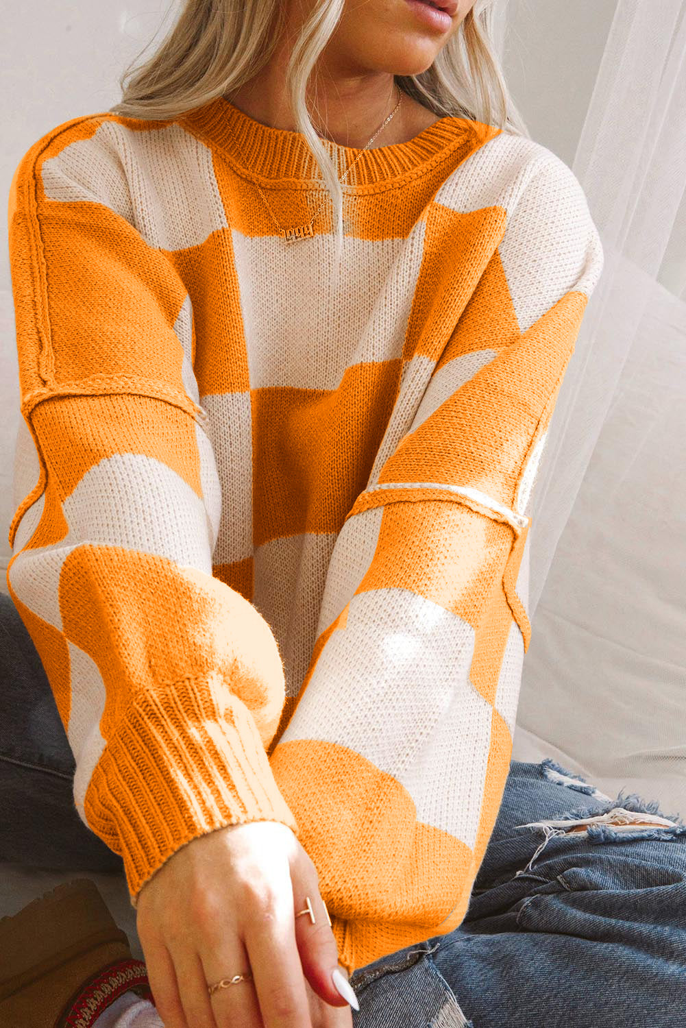 Oversized Checkered Sweater Bishop Sleeve Sweatershirt