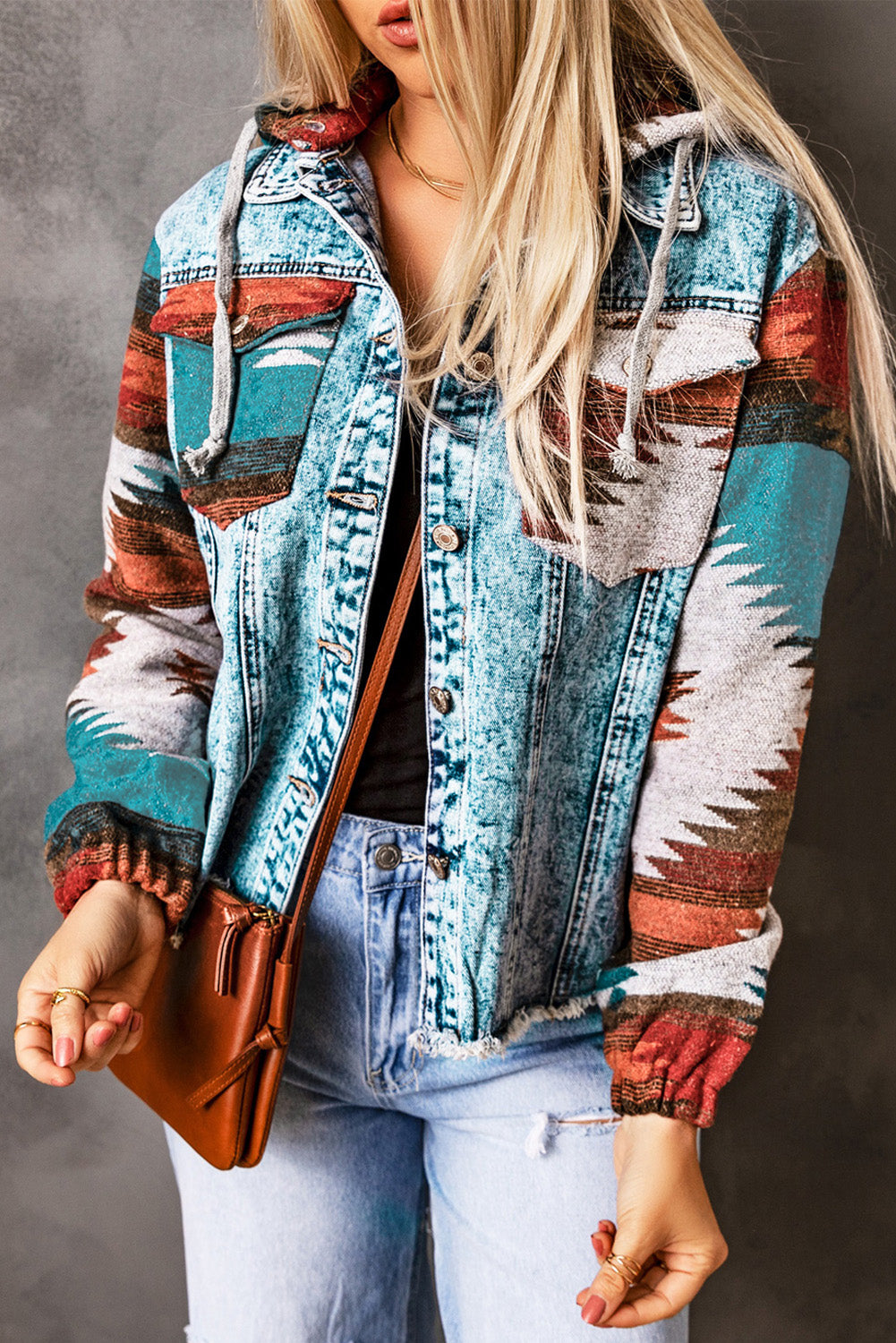Jean Jacket Multicolor Aztec Print Jacket Frayed Hem Denim Jacket