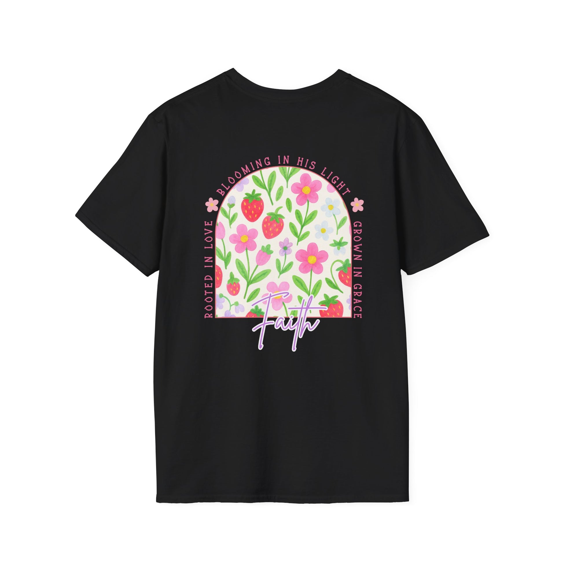 Black T-shirt with floral and strawberries, christian sayings, faith
