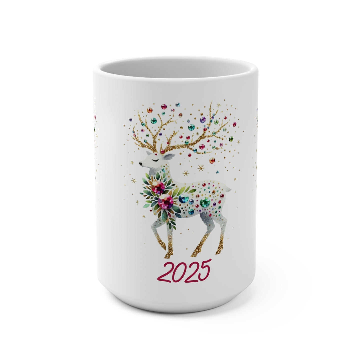 2025 Floral Reindeer 15oz Mug — Holiday Christmas New Year Keepsake