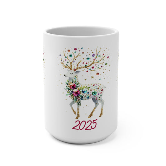 2025 Floral Reindeer 15oz Mug — Holiday Christmas New Year Keepsake