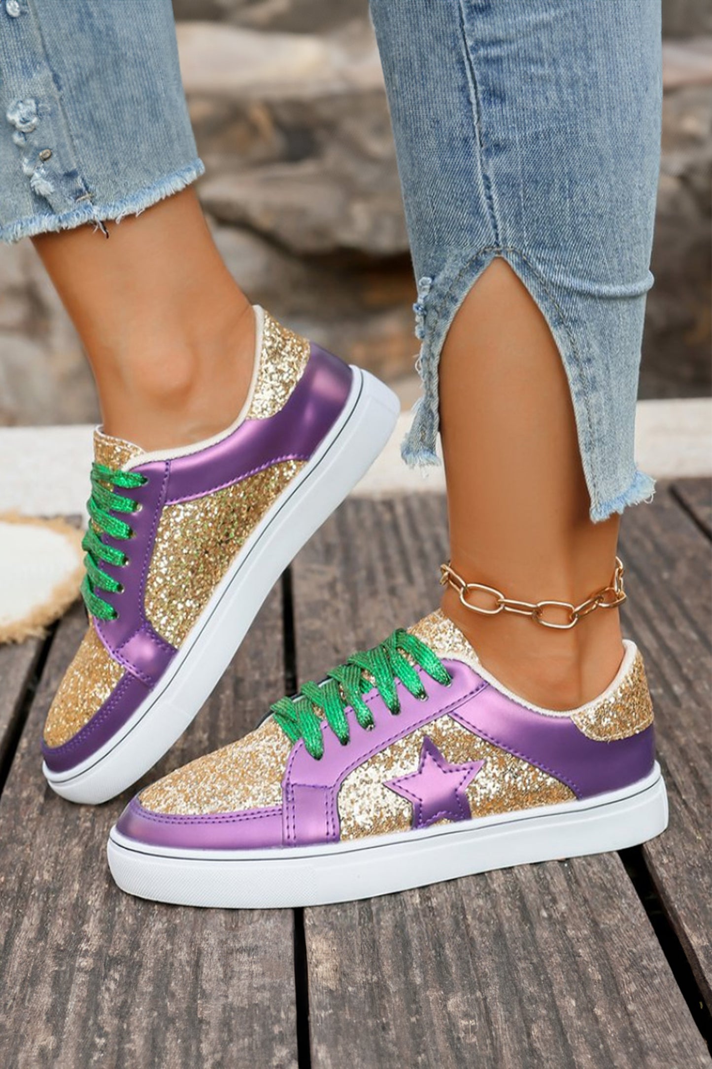 Dearlove Gold Glitter Star Patchwork PU Leather Lace-up Sneakers