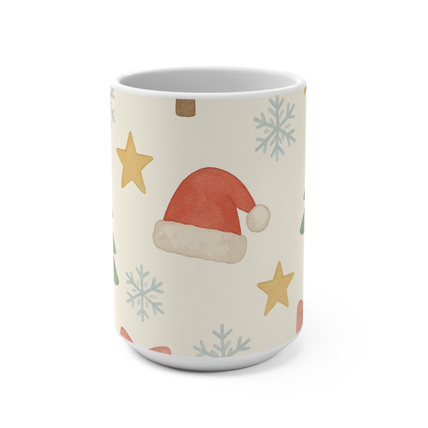 Christmas Pattern Mug — Festive Santa Hat, Tree & Snowflake 15oz Ceramic