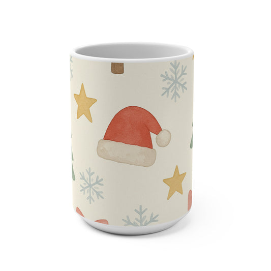 Christmas Pattern Mug — Festive Santa Hat, Tree & Snowflake 15oz Ceramic