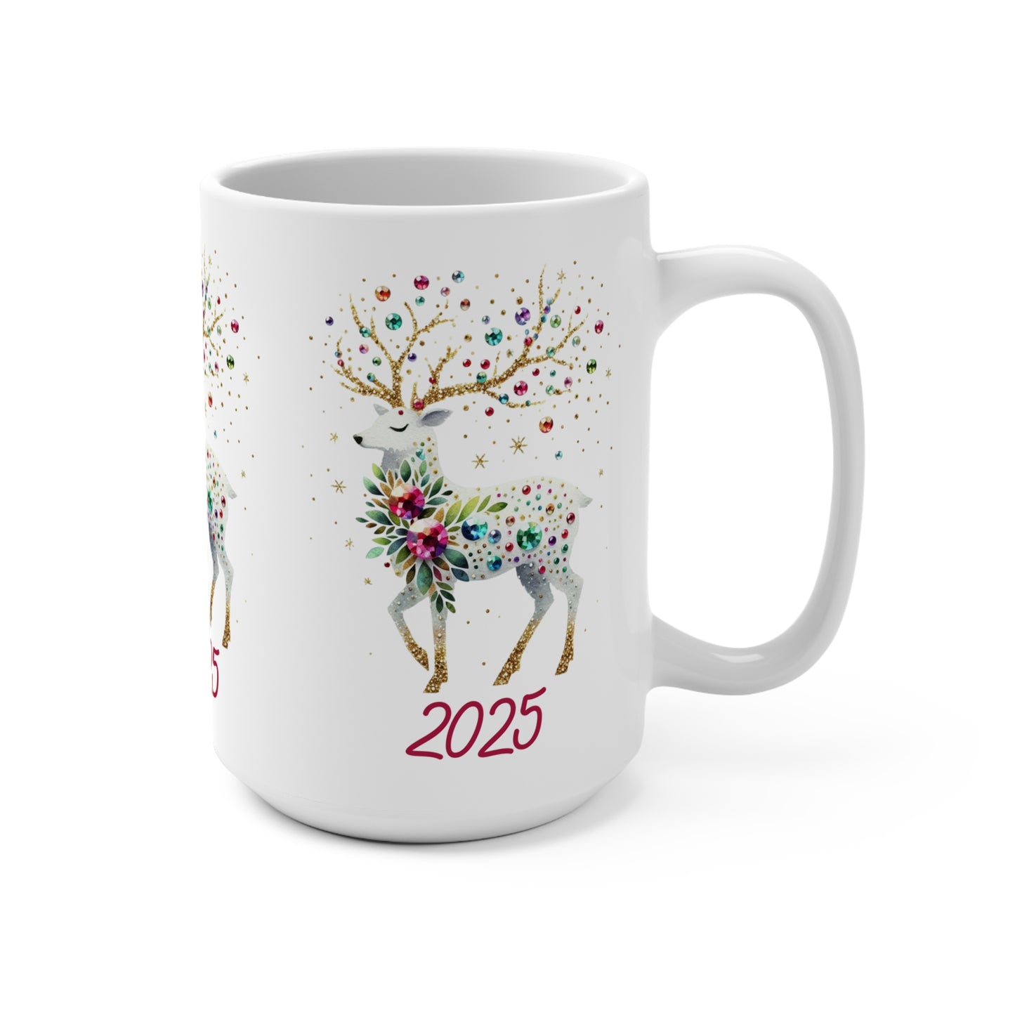 2025 Floral Reindeer 15oz Mug — Holiday Christmas New Year Keepsake
