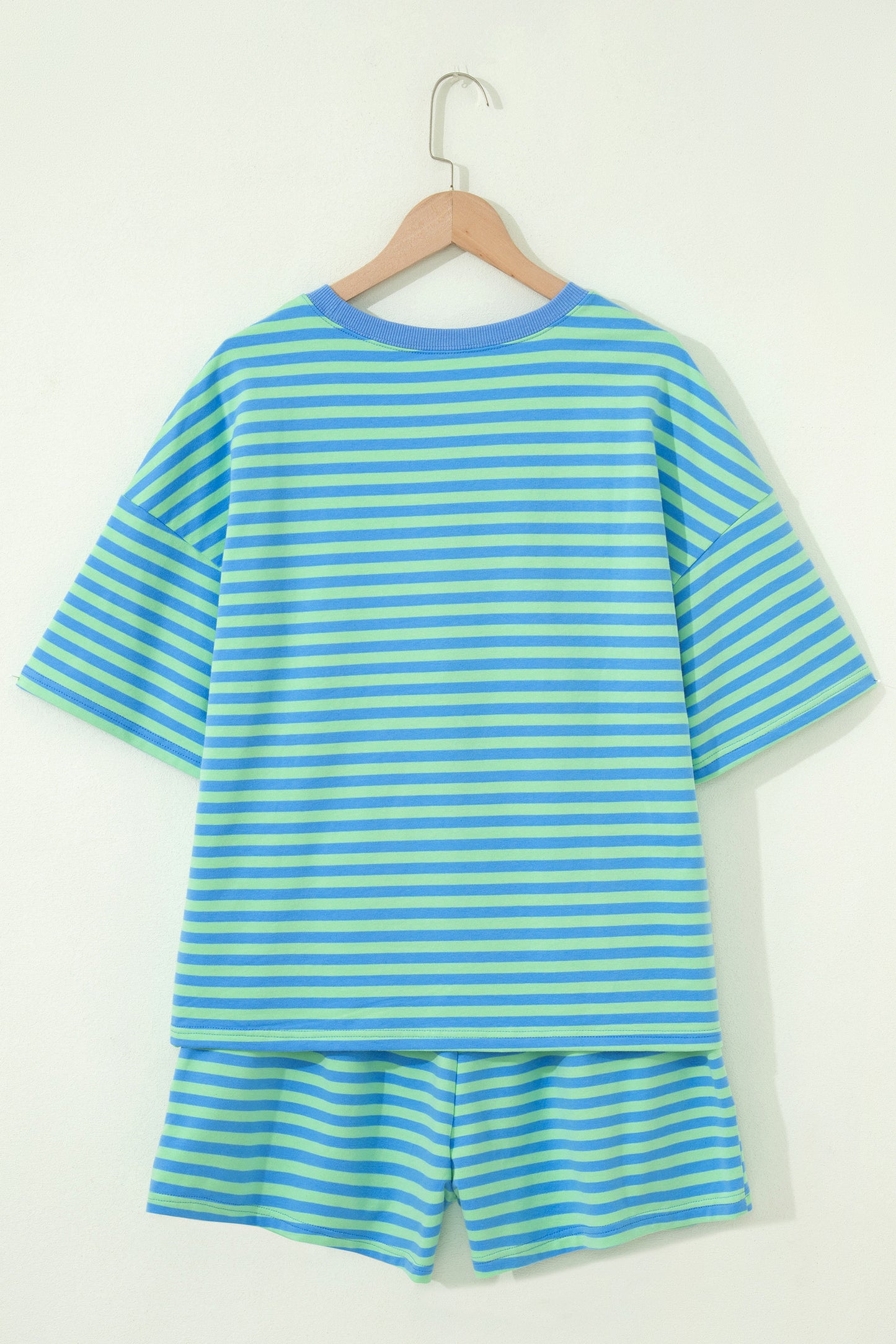 Blue Stripe Striped Ribbed Cotton Two-Piece Short Set with Chest Patch Detail