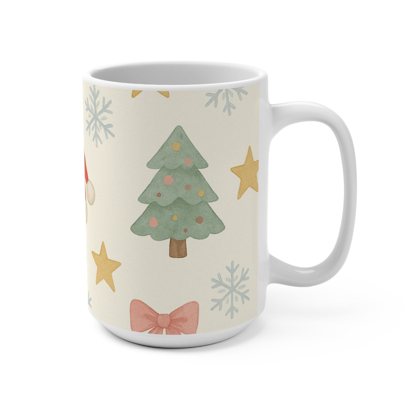 Christmas Pattern Mug — Festive Santa Hat, Tree & Snowflake 15oz Ceramic