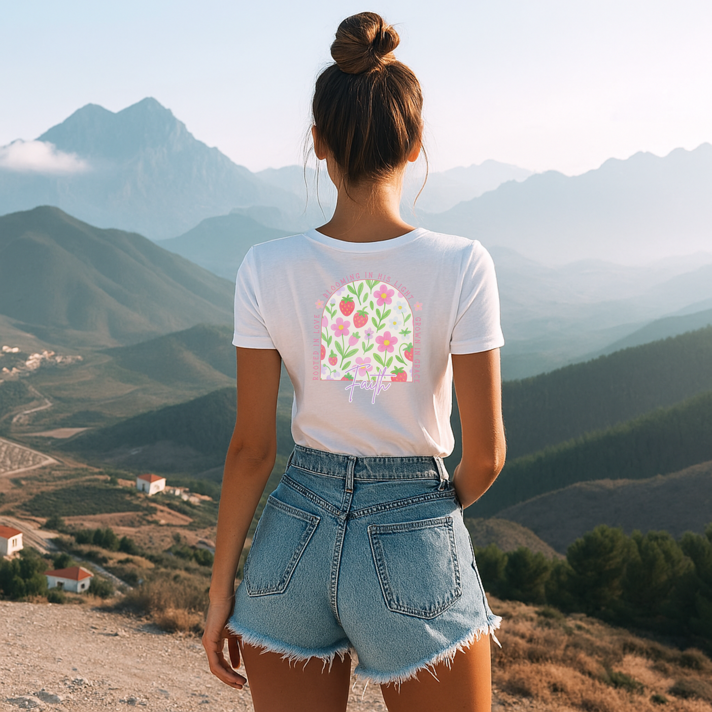 Woman Wearing Faith T-shirt Floral with Jean shorts staring at the mountains. 