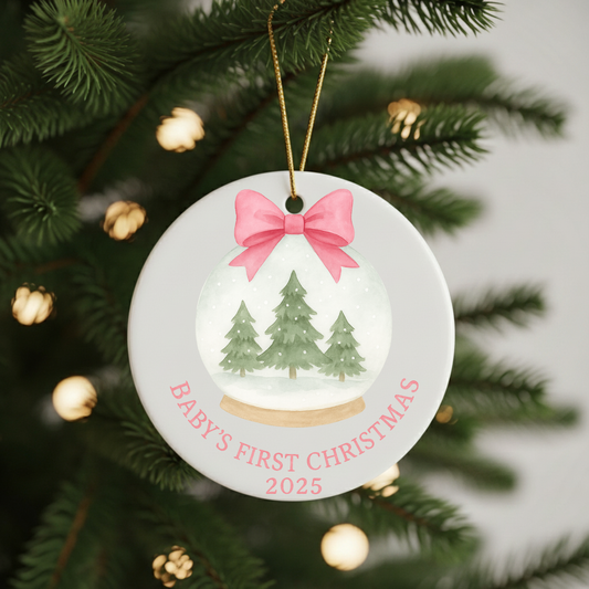 Baby's First Christmas 2025 Pink Bow Ceramic Ornament — Snow Globe Pink Bow Design