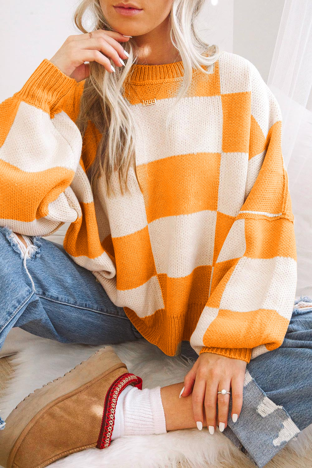 Oversized Checkered Sweater Bishop Sleeve Sweatershirt