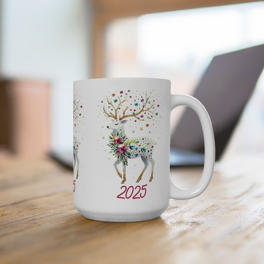 2025 Floral Reindeer 15oz Mug — Holiday Christmas New Year Keepsake
