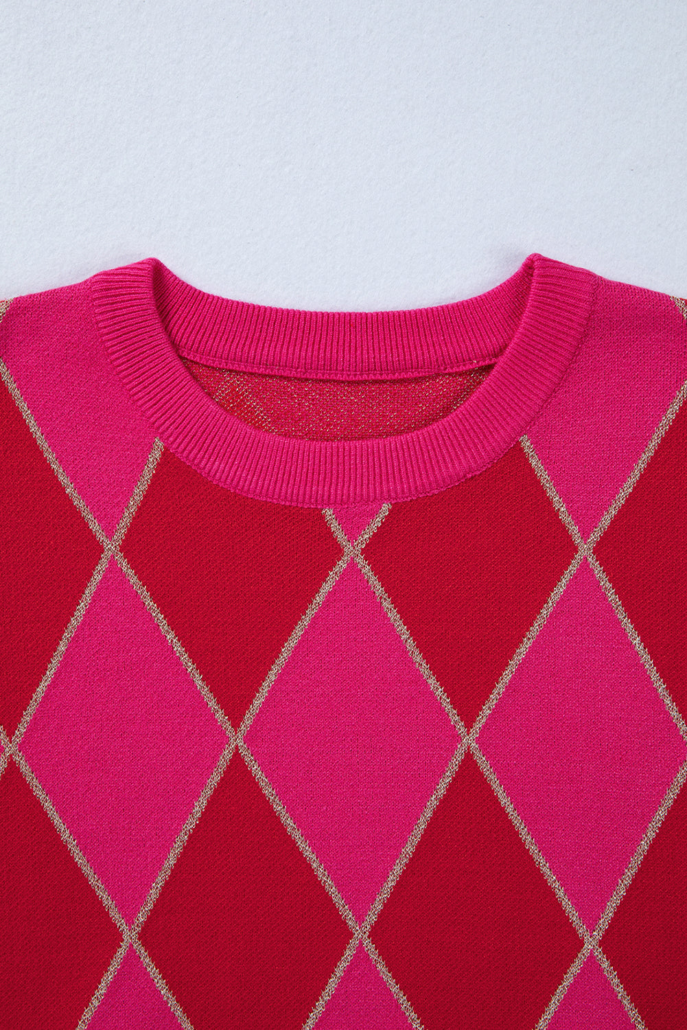 Rose Red Glitter Rhombus Pattern Knit Womens Casual Sweater