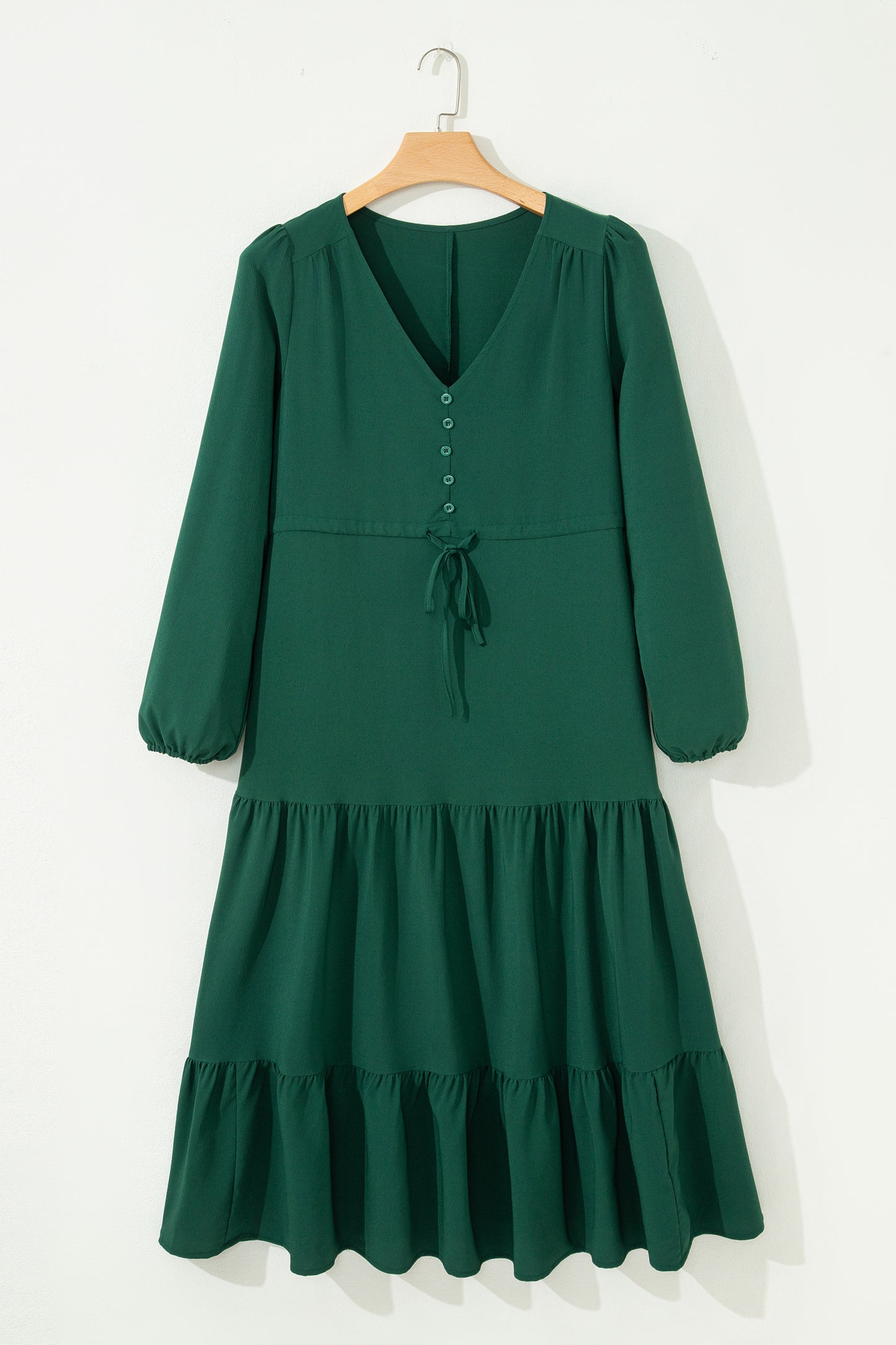Blackish Green Solid Long Sleeve Button V Neck Tiered Maxi Dress