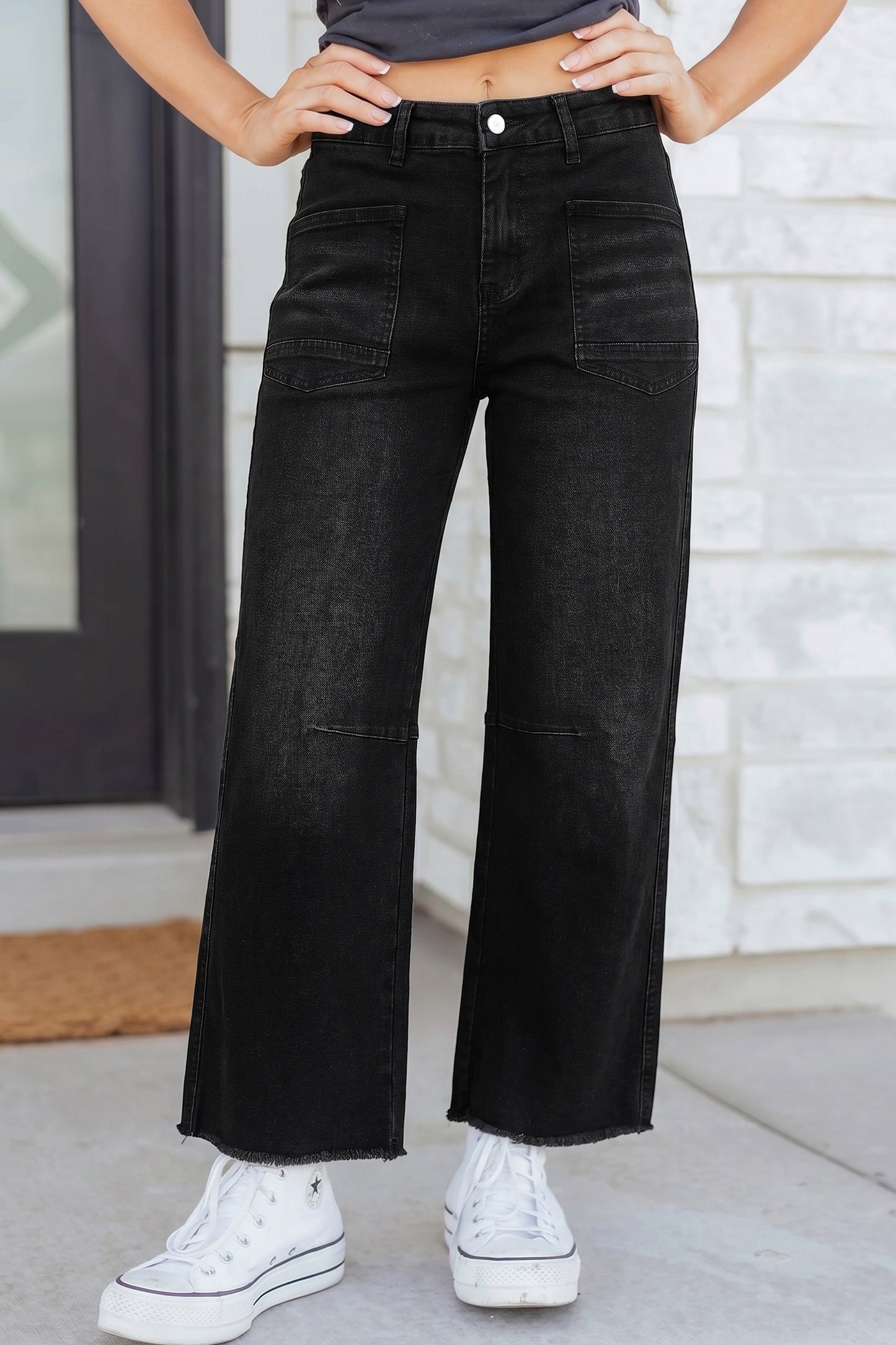 Black Frayed Cropped Barrel Jeans