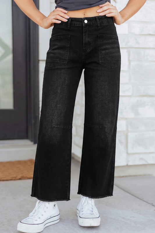 Black Frayed Cropped Barrel Jeans
