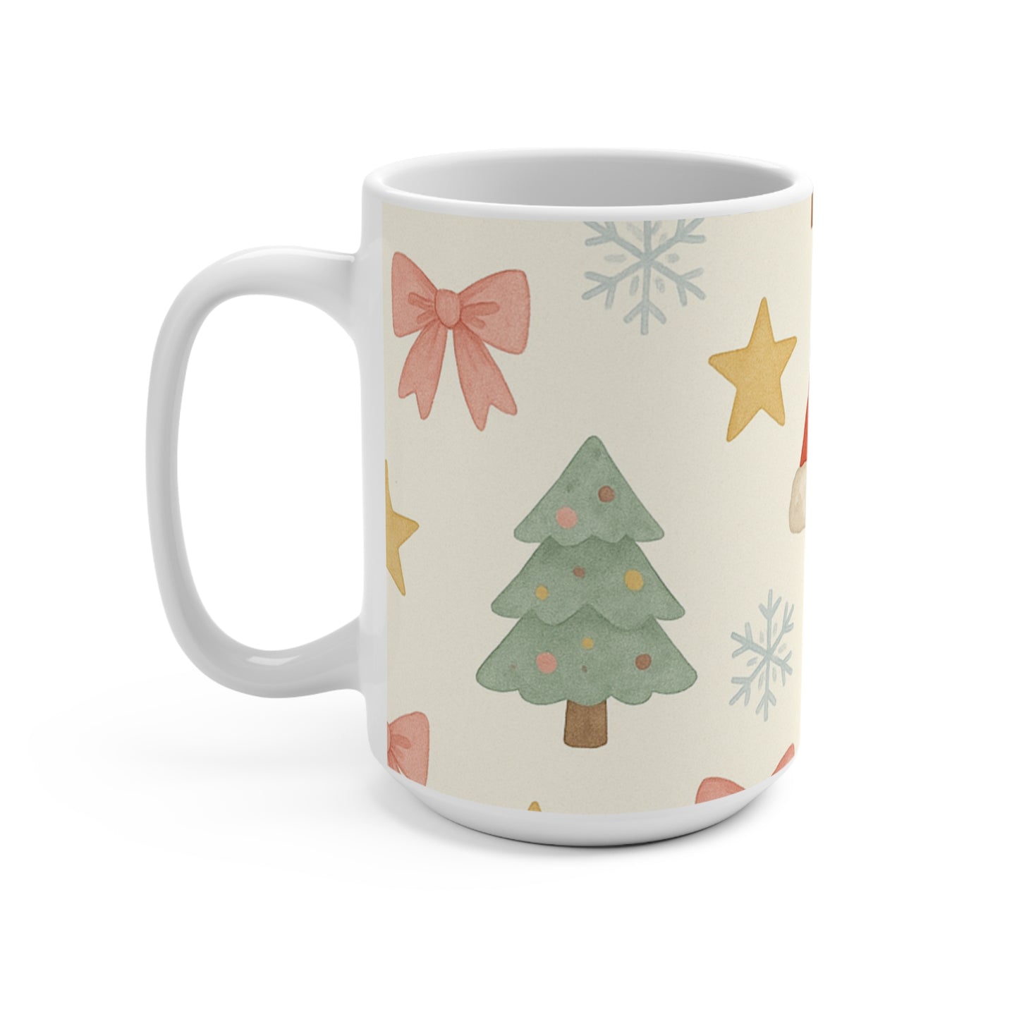 Christmas Pattern Mug — Festive Santa Hat, Tree & Snowflake 15oz Ceramic