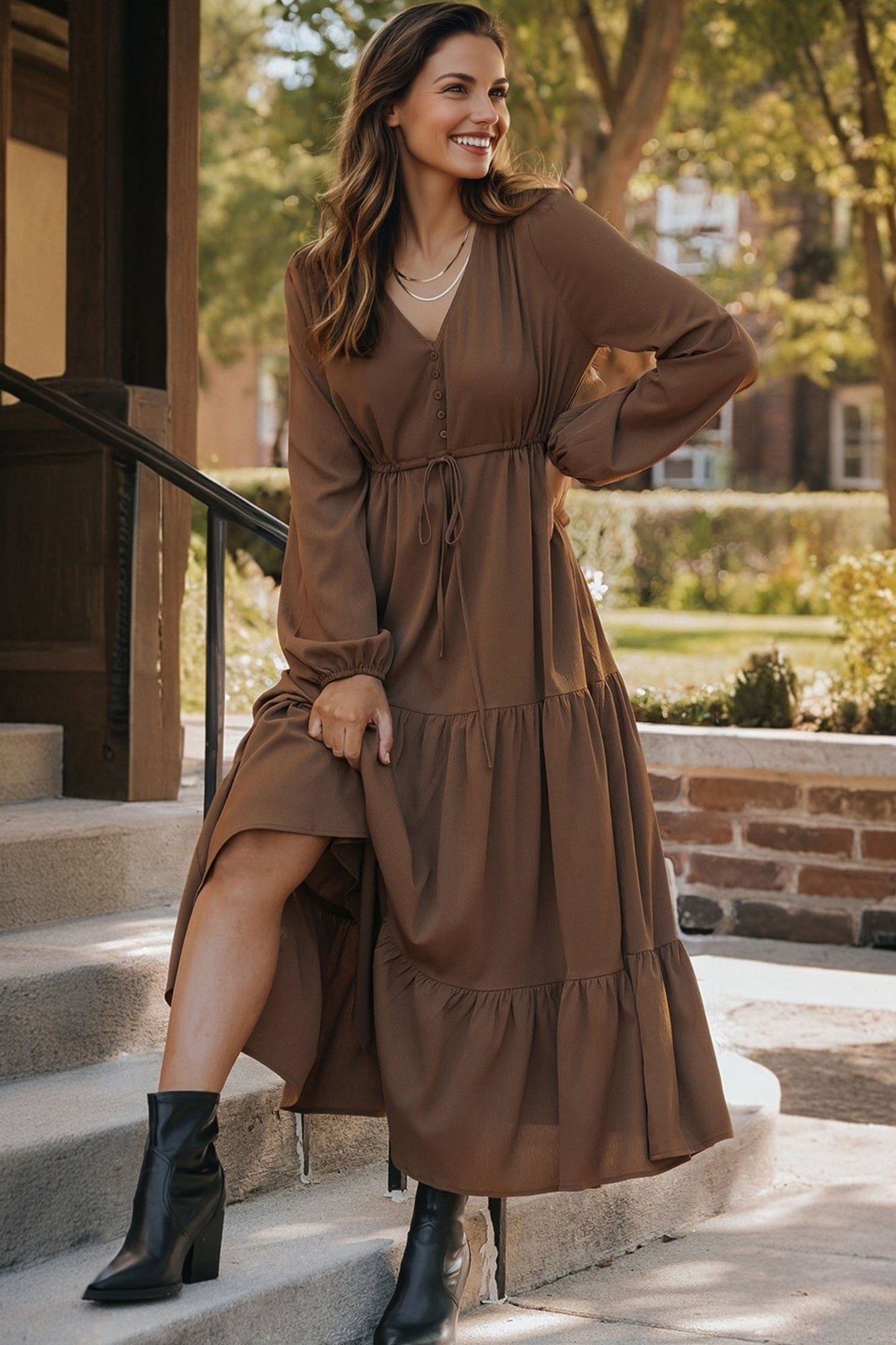 Blackish Green Solid Long Sleeve Button V Neck Tiered Maxi Dress