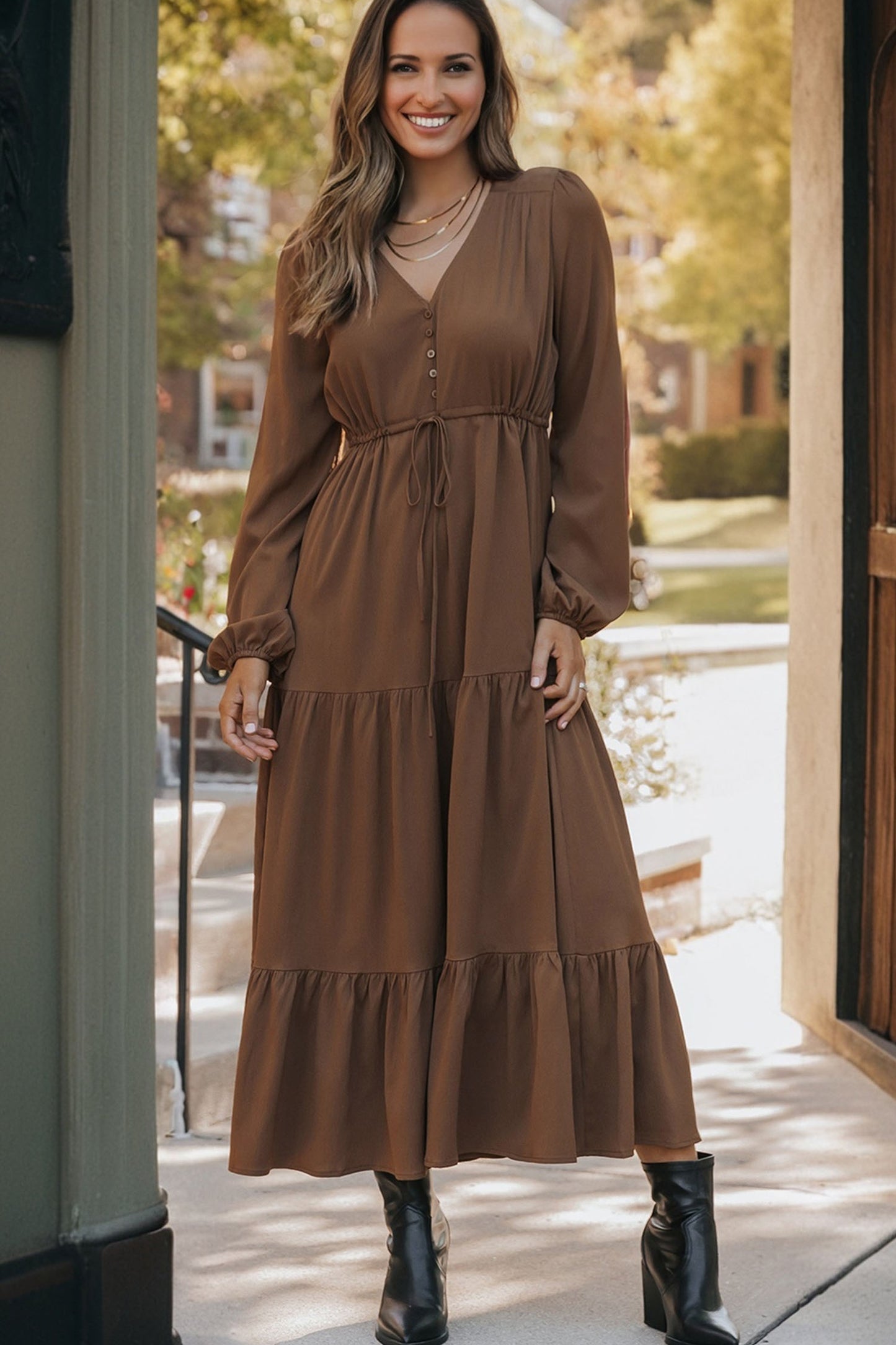 Blackish Green Solid Long Sleeve Button V Neck Tiered Maxi Dress