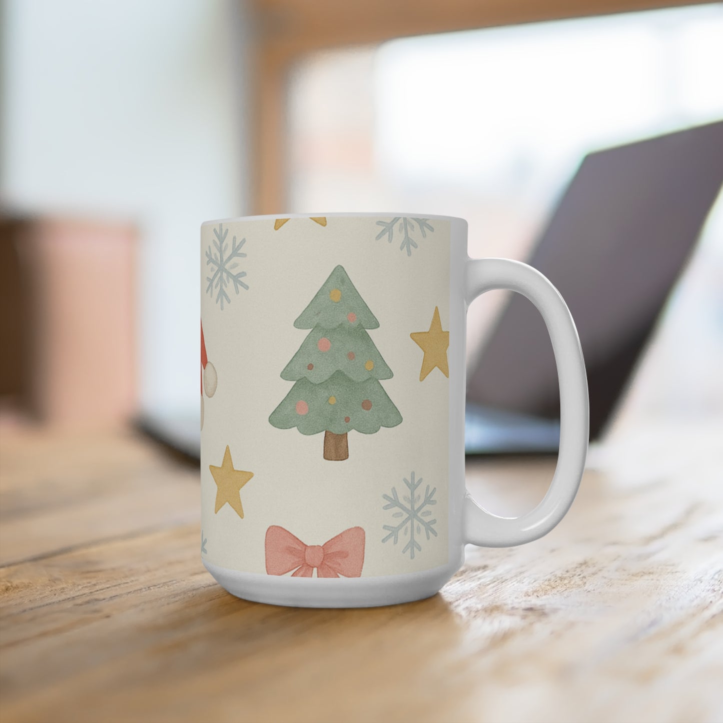 Christmas Pattern Mug — Festive Santa Hat, Tree & Snowflake 15oz Ceramic