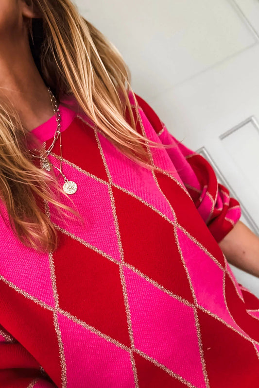 Rose Red Glitter Rhombus Pattern Knit Womens Casual Sweater
