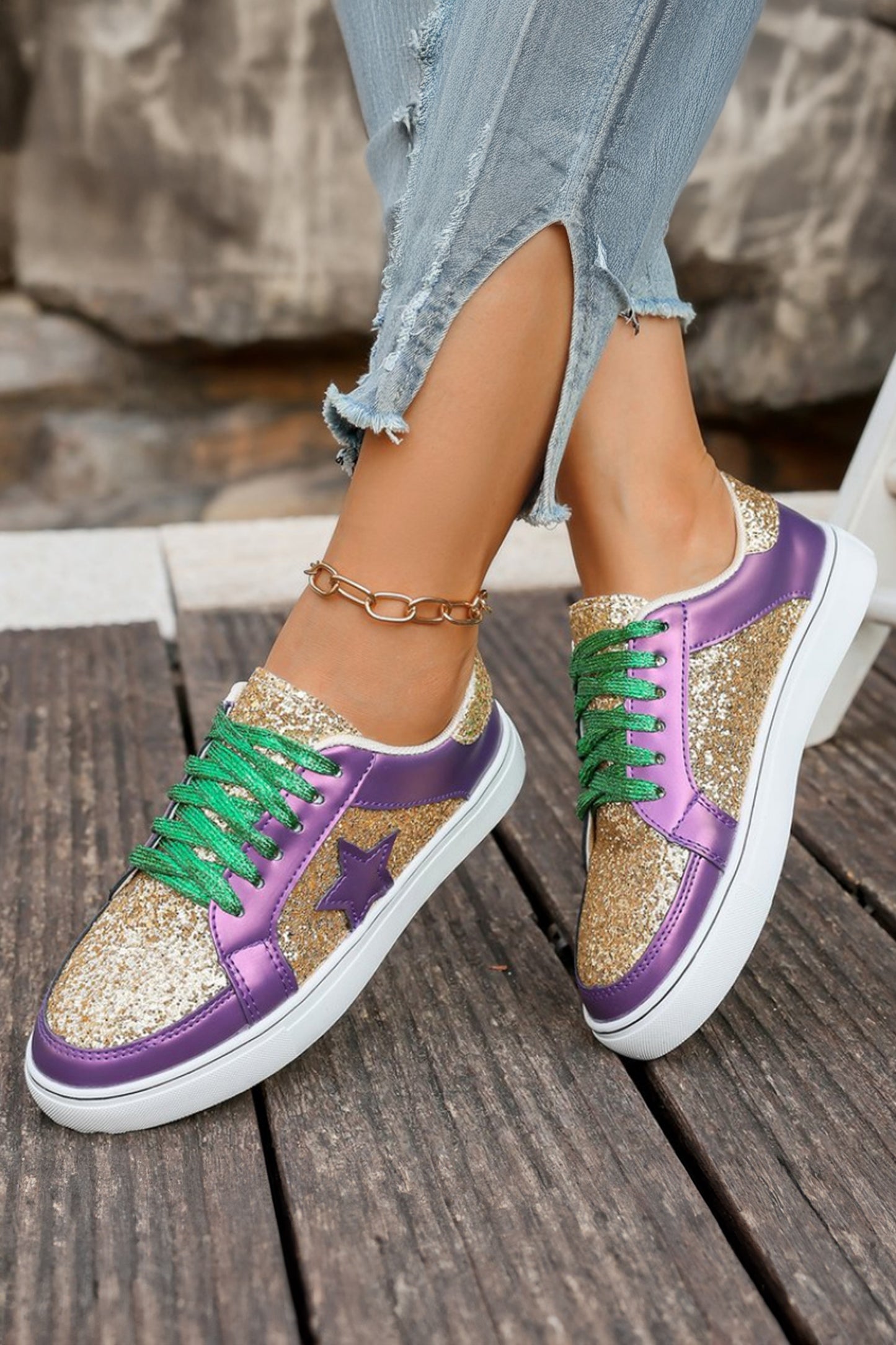 Dearlove Gold Glitter Star Patchwork PU Leather Lace-up Sneakers