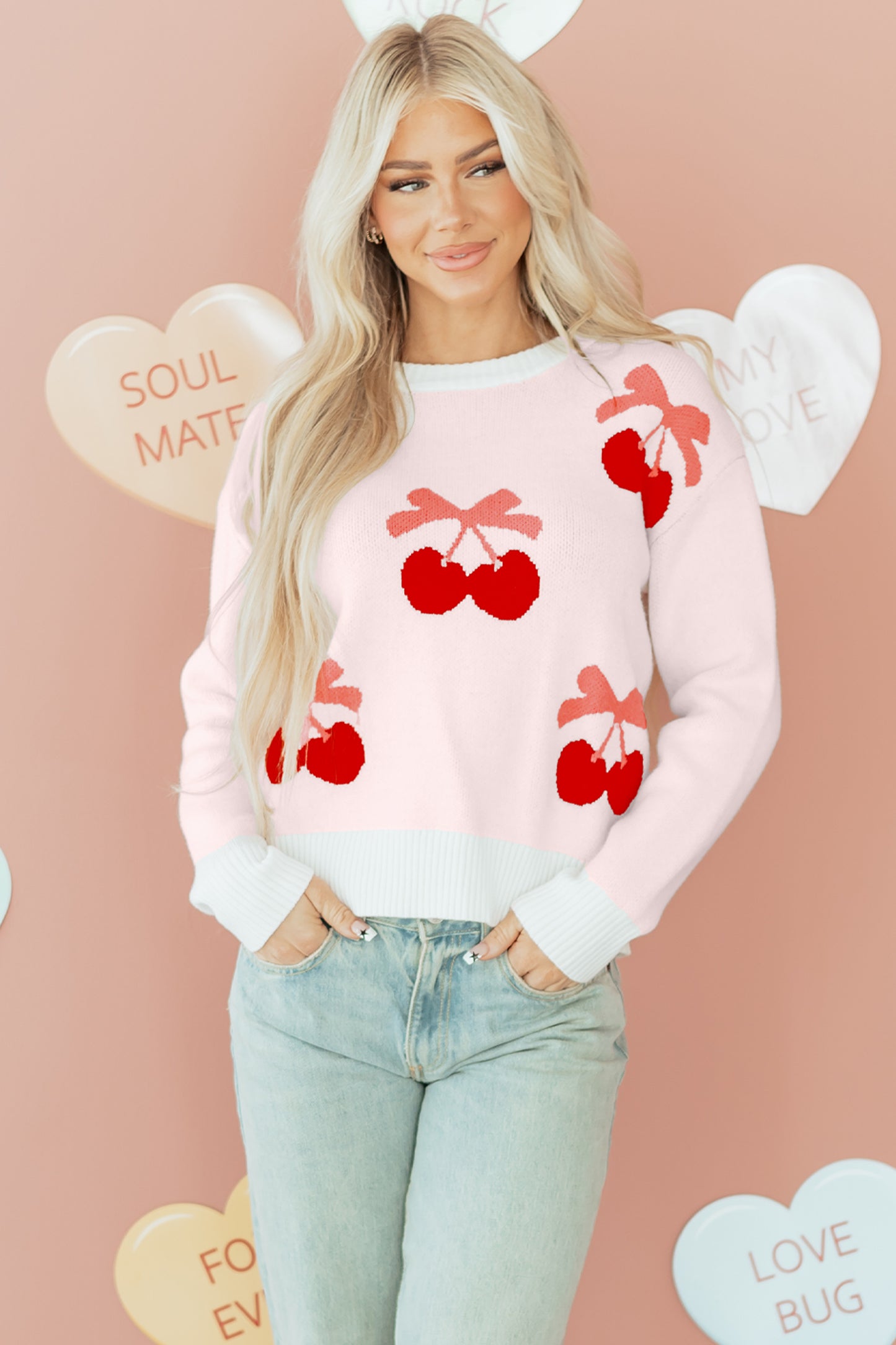 White Cherry Pattern Drop Shoulder Sweater