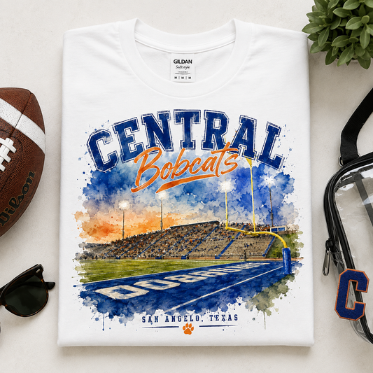 Central Bobcats Vintage Watercolor Stadium Tee | San Angelo, Texas