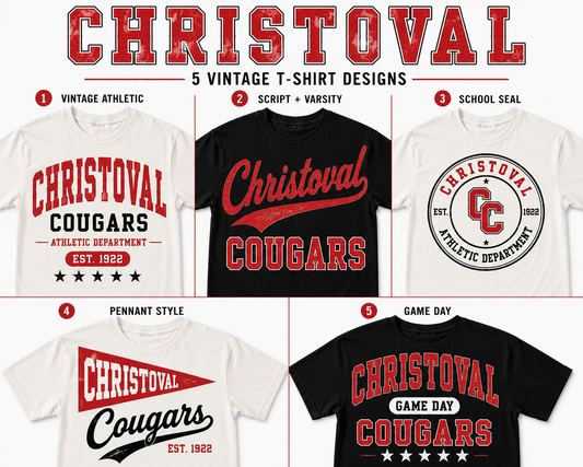 A collage showing five vintage-style Christoval Cougars T-shirt designs labeled 1 through 5, with large red 'CHRISTOVAL' text at the top. The designs include athletic, varsity, school seal, pennant style, and game day graphics on white and black shirts.