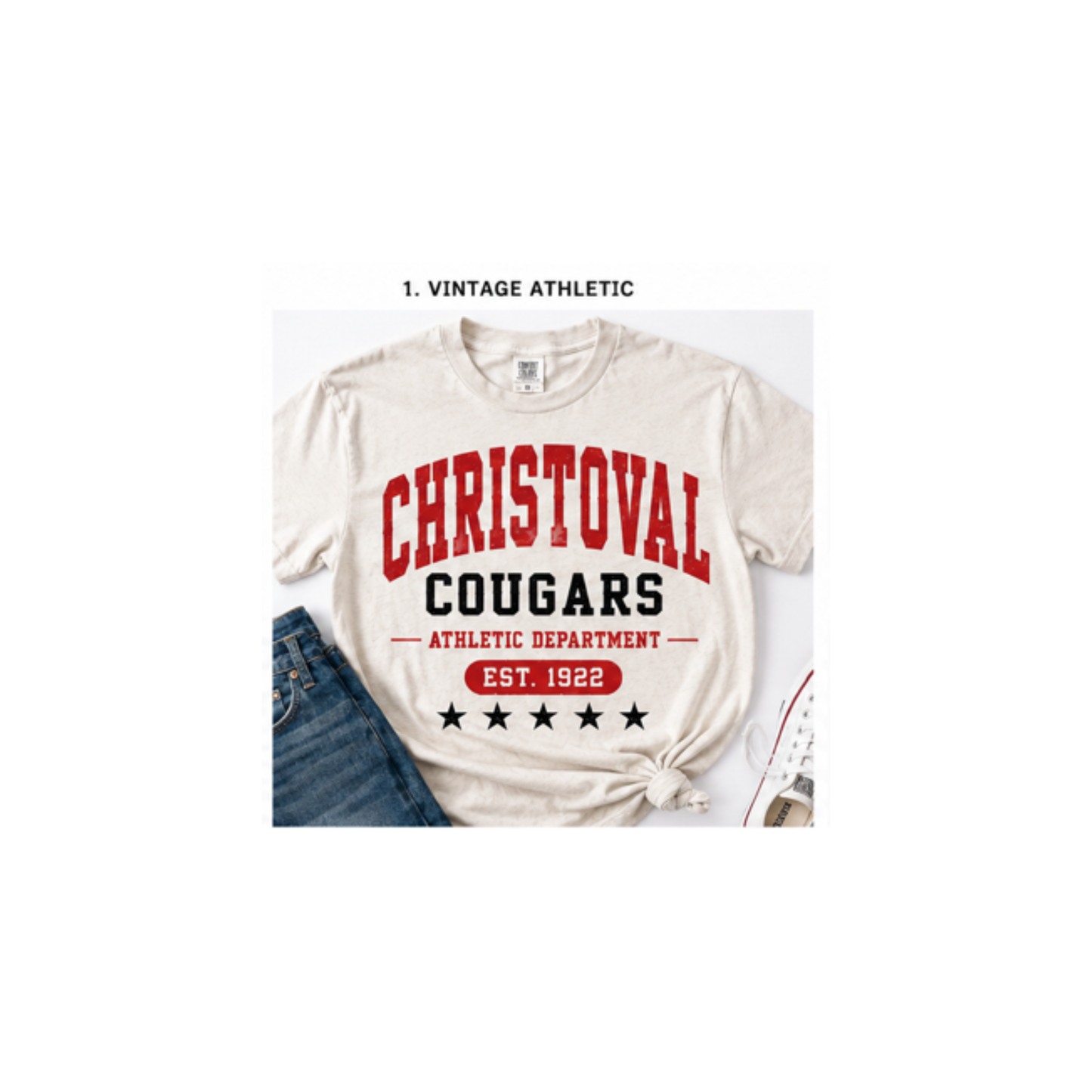 A vintage-style athletic t-shirt on a white color with a distressed red and black graphic reading 'CHRISTOVAL COUGARS ATHLETIC DEPARTMENT EST. 1922'.
