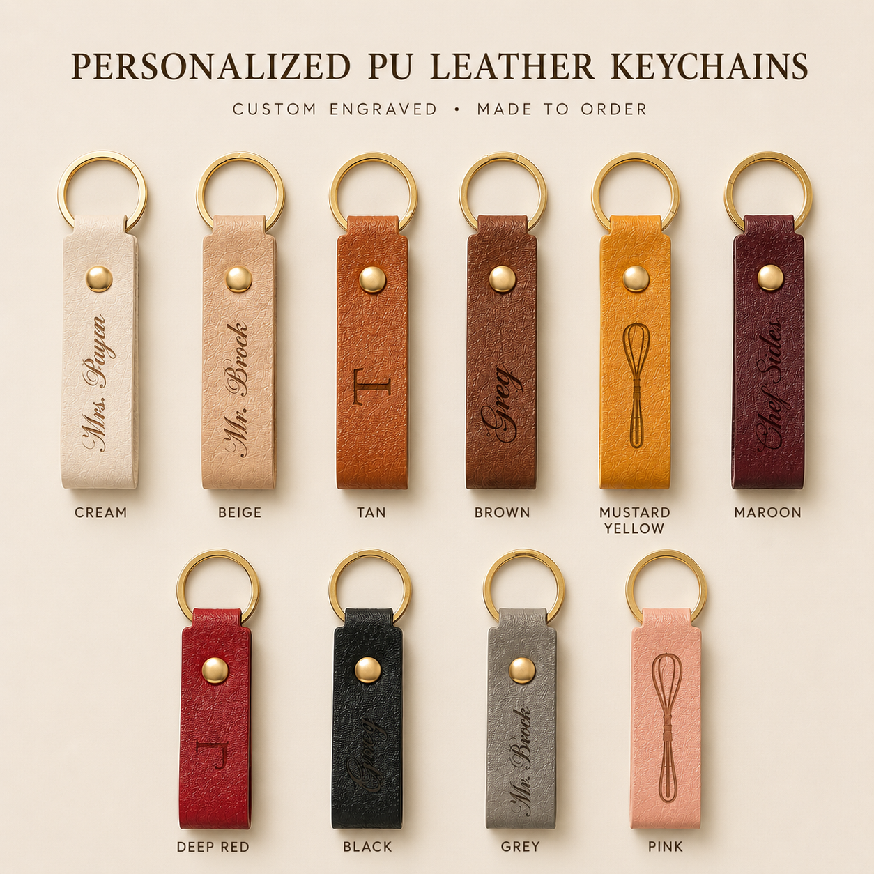 Collection of personalized PU leather keychains in various colors with engraved text and symbols.