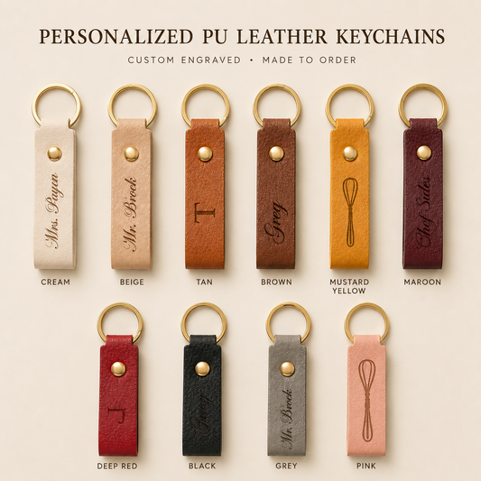 Collection of personalized PU leather keychains in various colors with engraved text and symbols.