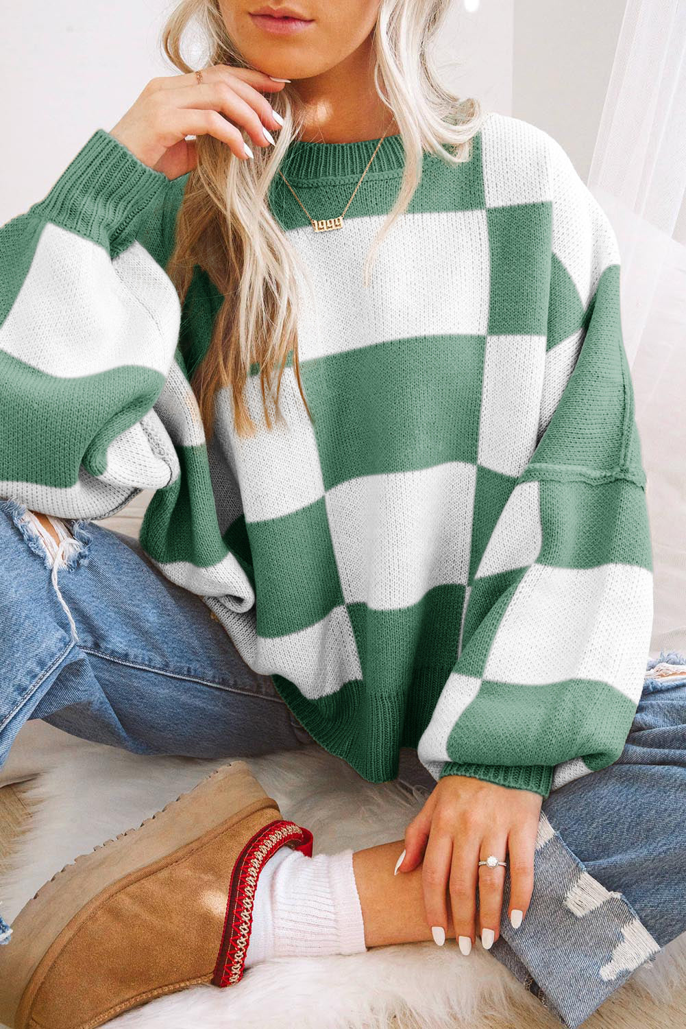 Oversized Checkered Sweater Bishop Sleeve Sweatershirt