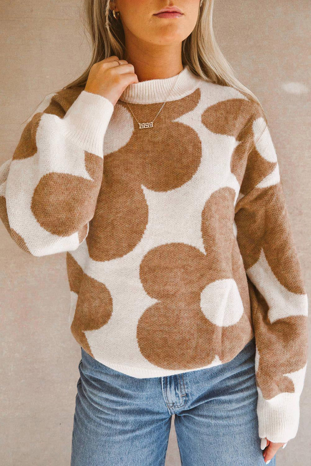 Sweater Big Flower Pattern Sweatshirt Drop Shoulder Sweater