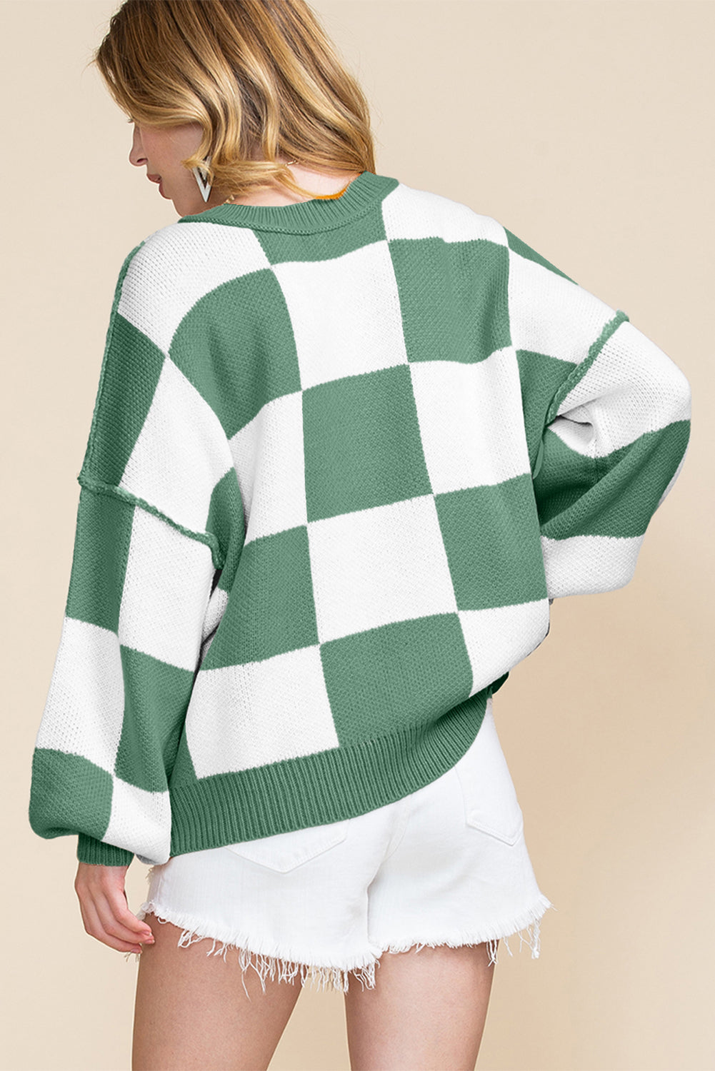 Oversized Checkered Sweater Bishop Sleeve Sweatershirt