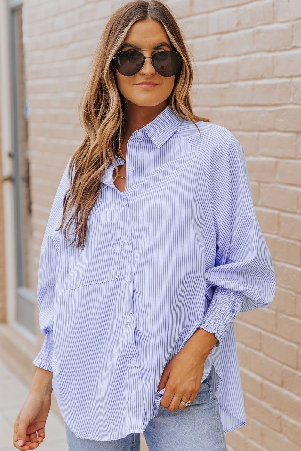 Light Blue Casual Striped Shirred Cuffs Shirt