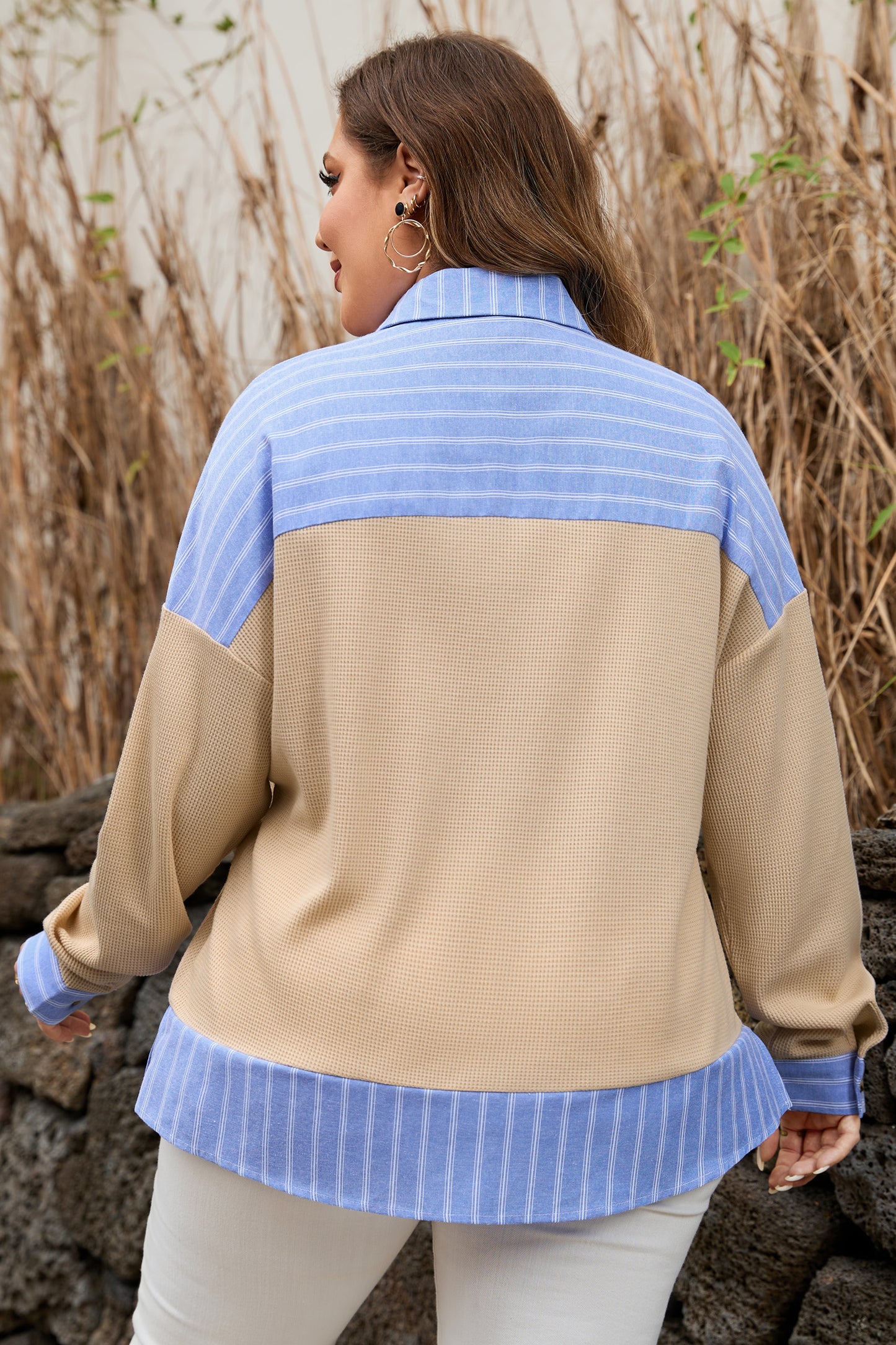 Parchment Plus Size Striped Contrast Trim Waffle Knit Collared Top