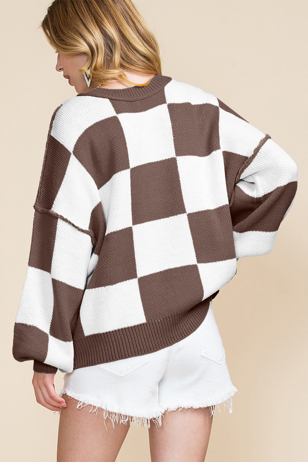 Oversized Checkered Sweater Bishop Sleeve Sweatershirt