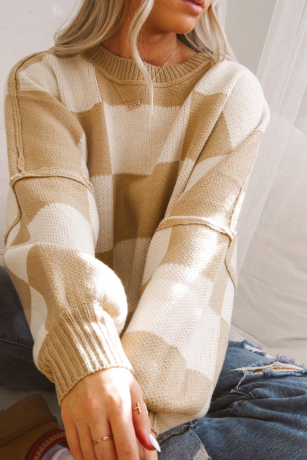 Oversized Checkered Sweater Bishop Sleeve Sweatershirt