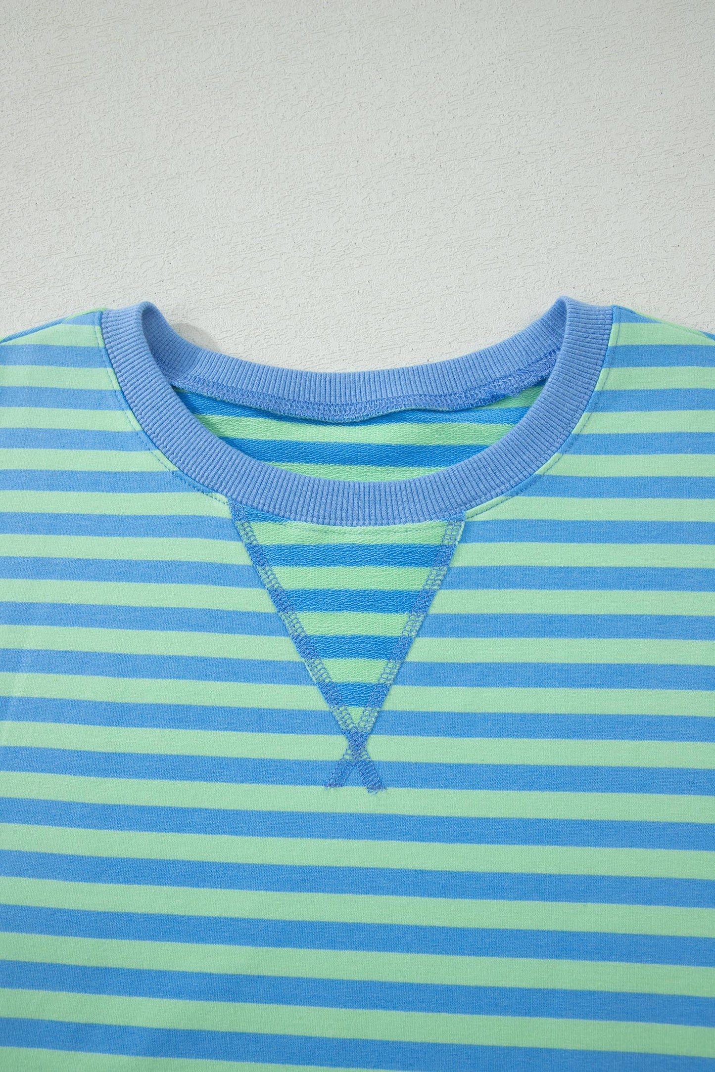 Blue Stripe Striped Ribbed Cotton Two-Piece Short Set with Chest Patch Detail