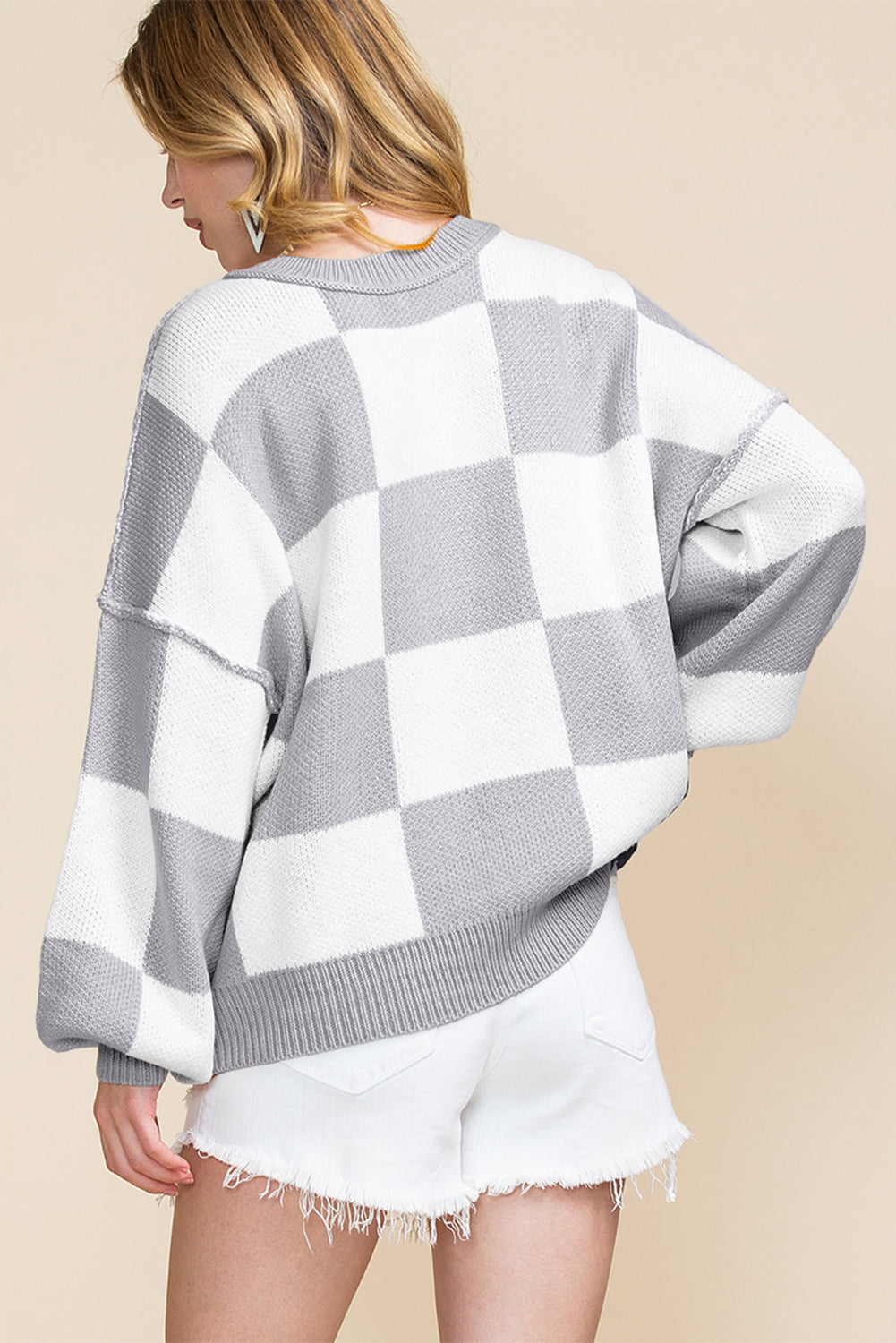 Oversized Checkered Sweater Bishop Sleeve Sweatershirt